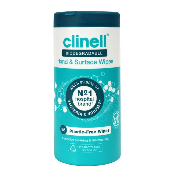 The cylindrical packaging of Clinell Biodegradable Hand And Surface Wipes (35pack) features teal, white, and black design. These surface disinfecting wipes claim to kill 99.99% of bacteria and viruses, with 35 plastic-free wipes that are fully recyclable.