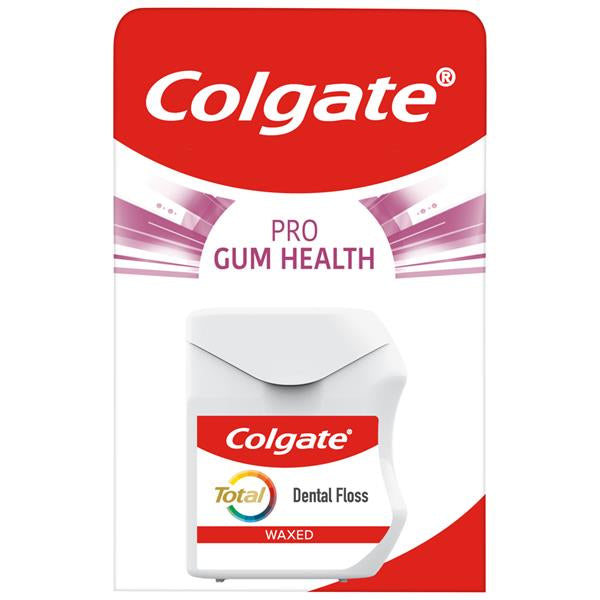 The Colgate Total Pro Gum Health dental floss package showcases a white interdental floss container labeled Colgate Total with waxed floss for effective plaque removal. Red and purple accents highlight improved gum health.