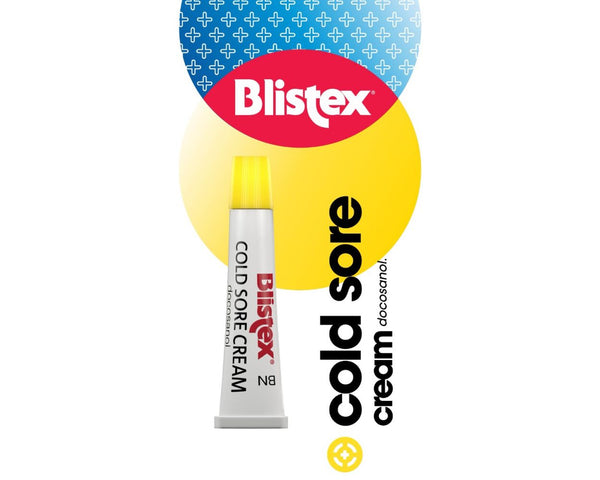 A 2g tube of Blistex Cold Sore Cream stands upright with a yellow cap, against a background featuring a blue and yellow circular design. The text highlighted includes cold sore cream and docosanol.