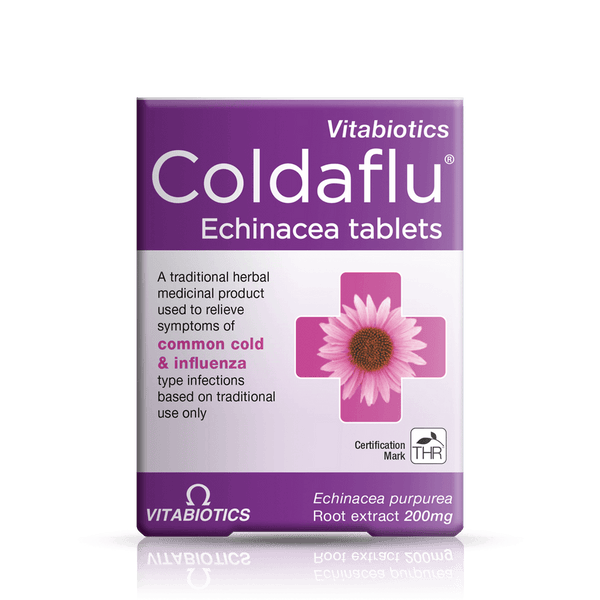 Vitabiotics Coldaflu Echinacea (30 tabs) features purple and white packaging with a pink flower, suitable for relieving cold and flu symptoms. Each tablet contains 200mg of Echinacea purpurea root extract.
