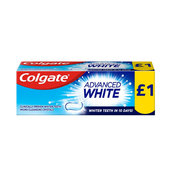 Colgate Advanced White Toothpaste (50ml) by Colgate features a blue and white design with a £1 yellow label. It offers whitening in 10 days, using micro-cleansing crystals and provides enamel protection.