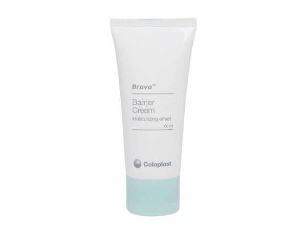 A white tube of Brava Skin Barrier Cream with a light green cap features the Moisturizing effect, 60 ml label and Coloplast logo, making it perfect for managing skin irritations.