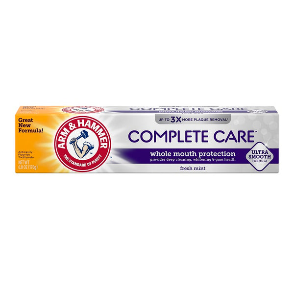 Arm and Hammers Complete Care Toothpaste (125g) with Ultra Smooth Formula features Great New Formula! and Fresh Mint on its packaging. This baking soda toothpaste enhances oral hygiene by promoting deep cleaning, teeth whitening, gum health, and removes up to 3x more plaque.