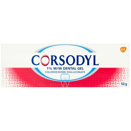 Image of Corsodyl Dental Gel 1% (50g), designed for gum disease, contains 1% w/w Dental Gel Chlorhexidine Digluconate. The box is white and red with a tooth symbol, GSK logo, and provides relief for mouth ulcers.