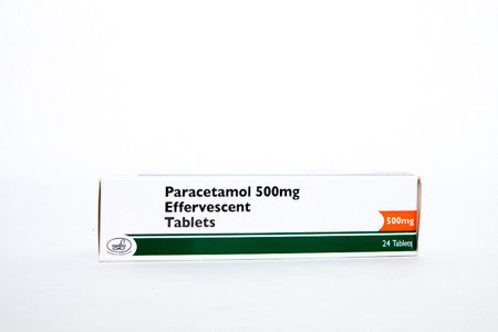 A white box labeled "Paracetamol 500mg Effervescent Tablets Tube - (24 Tablets)" from Brand May Vary is displayed, designed for effective pain relief. The packaging features "500mg" in orange and "24 Tablets" in green at the lower right corner.