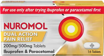 The Nuromol Dual Action Pain Relief box features Dual Action Pain Relief tablets with 200mg ibuprofen and 500mg paracetamol. A warning advises using only after trying ibuprofen or paracetamol first. Contains 16 tablets designed for effective pain relief. Brand: Nuromol.