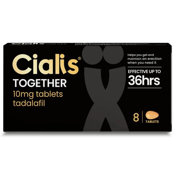 Cialis Together - Tadalafil 10mg Tablets (8), in a sleek black box with white and gold text, provides an effective over-the-counter solution for erectile dysfunction. Highlighting a 36-hour effectiveness, the package features an abstract design and contains 8 tablets.