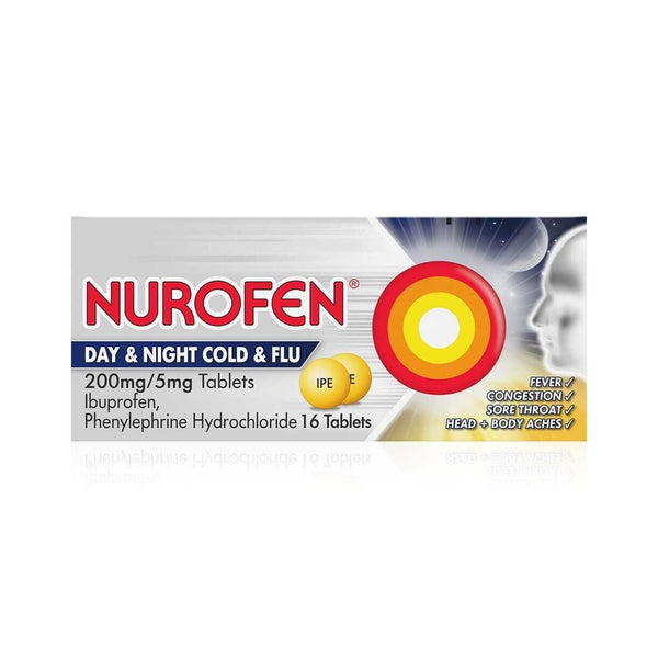 Nurofen Day and Night Cold and Flu Tablets (16 Tablets) by Nurofen provide relief from fever, congestion, sore throat, and body aches with ibuprofen and a nasal decongestant.