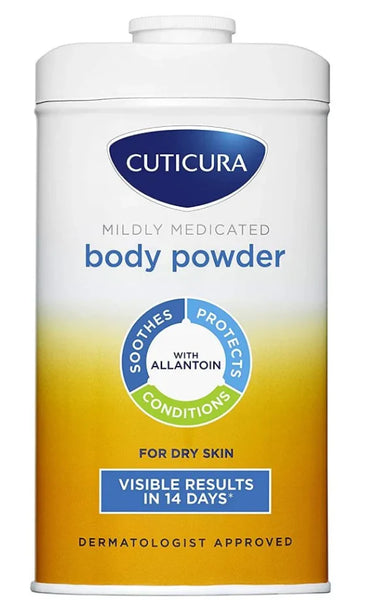 A 250g rectangular container of Cuticura Talcum Powder for dry, eczema-prone skin with allantoin. Soothes, protects, conditions, and shows visible results in 14 days. Dermatologist approved.