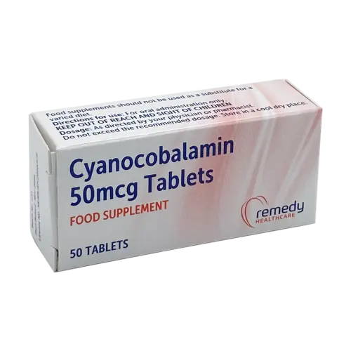A box labeled “Vitamin B12 50mcg - Cyanocobalamin - Brands may vary” from Brand May Vary, containing 50 tablets of Vitamin B12. The box features usage and storage instructions on the side.