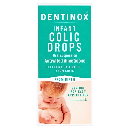 The Dentinox Colic Drops (ml) packaging reads: Oral suspension with activated dimeticone. Effective colic pain relief from birth. Includes syringe for easy application. It features an image of a baby looking down, highlighting it as an ideal solution for infant colic.