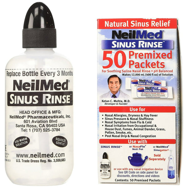 The NeilMed Sinus Rinse kit includes a black squeeze bottle and 50 sachets, providing drug-free nasal irrigation. It highlights natural sinus relief for allergy sufferers and effective cleansing.