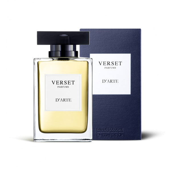 The travel-sized Verset DArte (100ml) by Verset, comes in a clear rectangular glass bottle with a black cap and white label featuring black text. Paired with its dark blue box, it offers an elegant and versatile on-the-go fragrance experience.