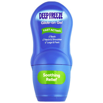 The Deep Freeze Glide On Gel (50g) provides fast-acting, soothing pain relief for the back, neck, shoulders, legs, and feet with its cooling therapy for ultimate muscle and joint relief.