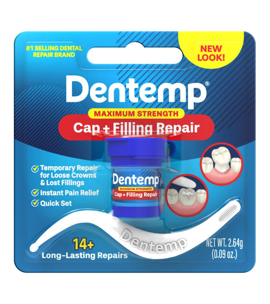 The Dentemp Loose Cap package includes a dental tool and product images, featuring a sleek jar with a blue label and white text. It provides temporary relief for loose caps and fillings with pain relief, a secure fit, quick setting time, and over 14 repairs.