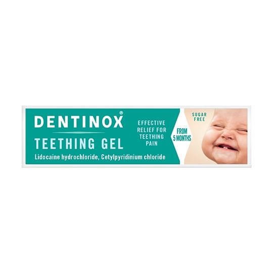 The Dentinox Teething Gel package features a smiling baby, emphasizing its effectiveness for teething pain. Suitable for babies from 5 months, its sugar-free and includes active ingredients Lidocaine hydrochloride and Cetylpyridinium chloride.