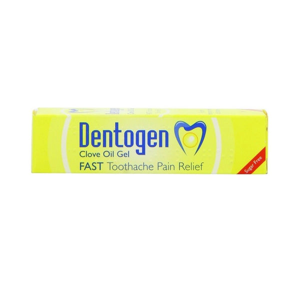 The yellow Dentogen Clove Oil Gel (10g) promises swift toothache relief. Its packaging features a blue and yellow tooth icon and highlights its sugar-free formula, making it an ideal option for easing dental pain.