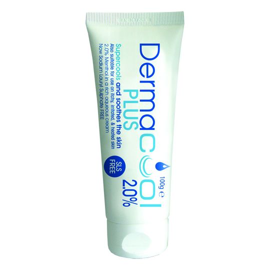 A white tube of Dermacool Menthol Aqueous Cream 2% (100g) features blue text. It provides a cooling effect with menthol, is SLS-free, and is designed for irritated skin relief. The tube stands upright against a pristine white background.