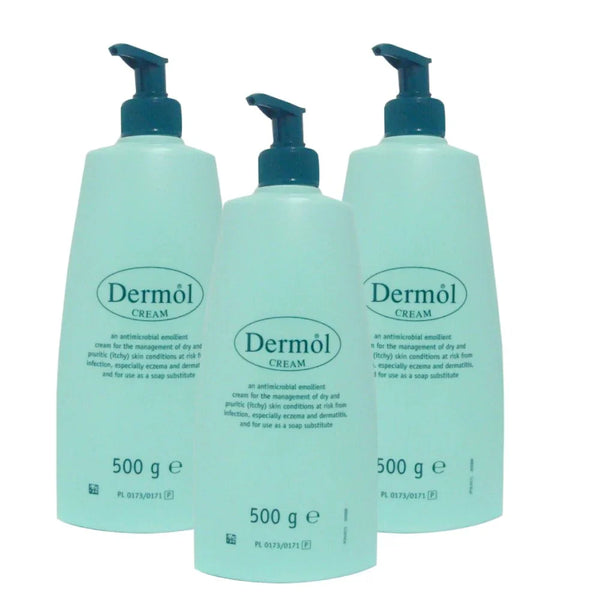 Three light green 500g bottles of Dermol Cream Triple Pack X3 by Dermol are arranged in a row, each featuring a dark blue pump dispenser and product information on the front. This antimicrobial emollient is designed for eczema treatment.