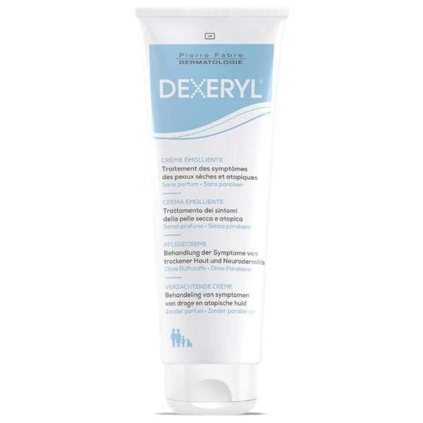 A 250g tube of Dexeryl Emollient Cream from Dexeryl, a white and blue moisturizing emollient that supports the skin barrier and alleviates dry and atopic skin symptoms, with multilingual packaging.