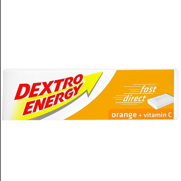 The image features a package of Dextro Energy Orange Tablets (47g) by Dextro Energy, labeled fast direct. The glucose-boosting product comes in white and orange packaging with a yellow arrow and an image of the energy tablet on the right.