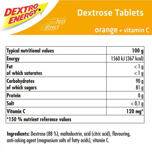 An image of Dextro Energy Tablets-Orange (24 pack) by Dextro Energy displays nutritional details such as energy, fat, carbohydrates, protein, salt, and Vitamin C. Ingredients: dextrose, maltodextrin, acid, anti-caking agent. These orange-flavored tablets deliver quick energy replenishment.