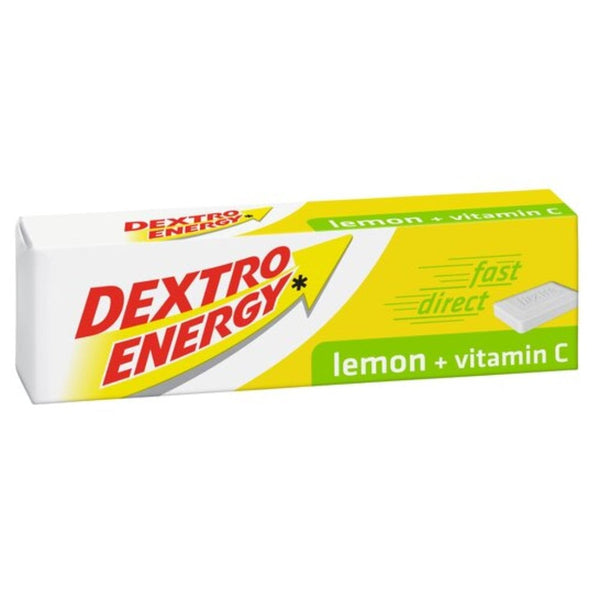 The Dextro Energy Lemon & Vit C Tablets (47g) provide an invigorating flavor for a quick energy boost. The packaging features a white and yellow design with the brand name in bold red text beside a vibrant lemon slice graphic.