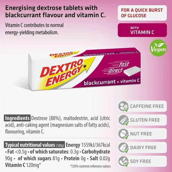 Dextro Energy Tablets-Blackcurrant (24 Packs) from Dextro Energy feature a blackcurrant flavor with vitamin C for immunity. The vegan packaging highlights being caffeine-free, gluten-free, nut-free, dairy-free, and soy-free, with complete nutritional and ingredient details provided.