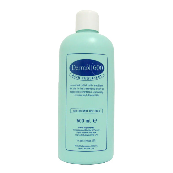 A 600ml light blue bottle of Dermol Bath Emollient by Dermol, with a white cap and external use label, formulated to help relieve dry or scaly skin conditions such as eczema and dry skin.