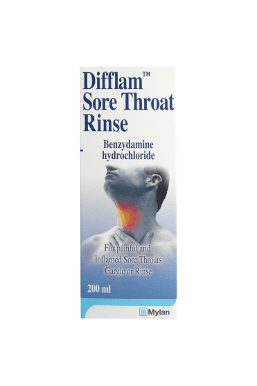 A 200ml box of Difflam Sore Throat Rinse - Benzydamine Hydrochloride features a grayscale image of a person holding their throat, with red and yellow highlights to indicate discomfort. Brand: Difflam.