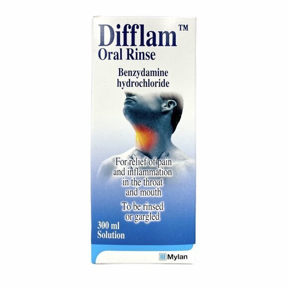 Difflam Sore Throat Rinse - Benzydamine Hydrochloride (300ml) by Difflam provides relief from sore throat, pain, and inflammation in the throat and mouth.