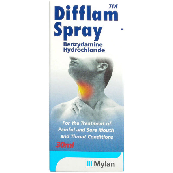 Difflam Spray Benzydamine Hydrochloride (30ml) by Difflam offers fast relief for painful or sore throat and mouth conditions. The packaging depicts a person touching their throat with a highlighted area showing pain.