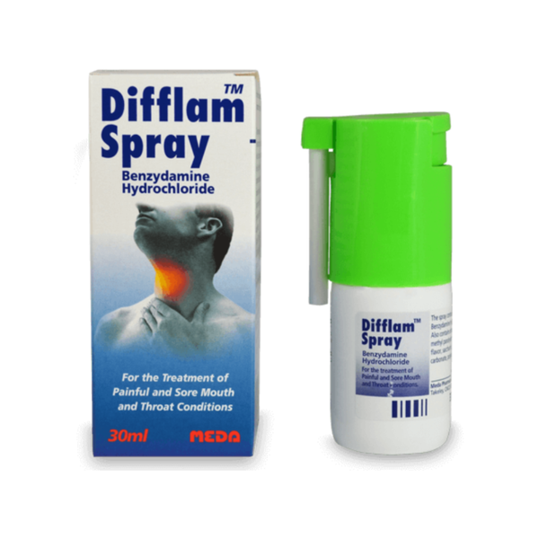 A Difflam Spray Benzydamine Hydrochloride (30ml) box and bottle are displayed side by side. The box highlights the throat area; the bottle features a green cap and label, ideal for sore mouth and throat relief. Brand: Difflam.