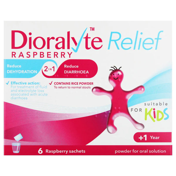 Box of Dioralyte Relief Sugar-Free Sachets Raspberry (6 Sachets) by Dioralyte, featuring a pink smiling character and text about rehydration, relieving dehydration and diarrhoea. Colorful design highlights healthy electrolyte balance.