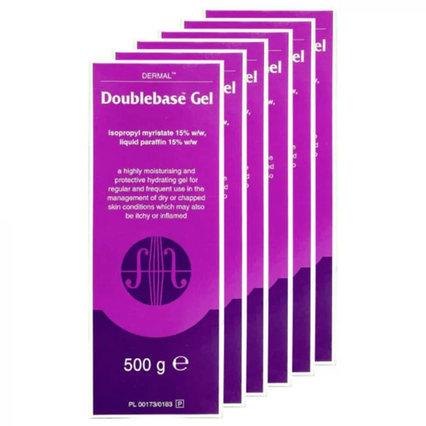 Six packs of Doublebase Gel Pump (500g each) by Doublebase, a dry skin treatment for eczema with isopropyl myristate 15% and liquid paraffin 15%, arranged in a fanned-out display.