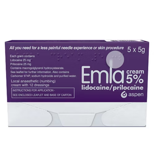 Emla 5% Cream (5 x 5g sachets) includes 12 dressings. This product, containing lidocaine and prilocaine, serves as a local anesthetic for pain reduction during needle procedures or skin treatments. Instructions are included inside.