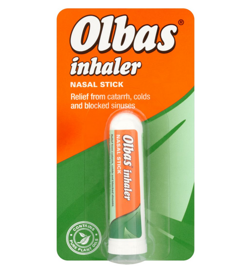 The Olbas Inhaler Nasal Stick, in vibrant orange and green packaging with white text, provides relief from catarrh, colds, and blocked sinuses using pure plant and essential oils for a soothing effect.