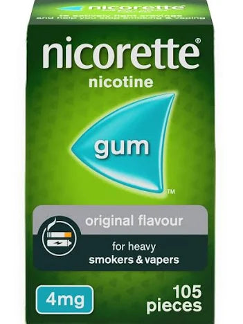 Nicorette 4mg Original Gum (105 Pcs) by Nicorette comes in a green box and is designed for heavy smokers and vapers. Each piece delivers 4mg of nicotine to support your journey to quit smoking, with a total of 105 pieces in original flavor.