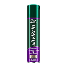 A green and purple can of Wella Silvikrin Hairspray Flexible Hold 3 (250ml) stands upright, displaying the Wella branding and hold level details on the front.