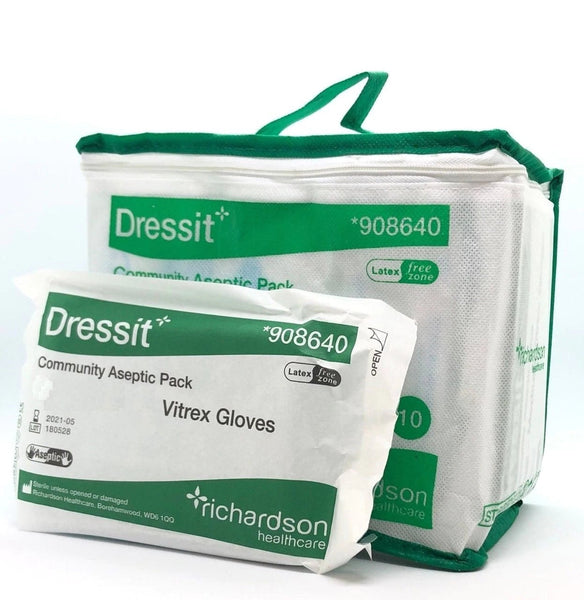 A green and white Dressit Community Aseptic Pack labeled Latex Free Zone sits invitingly, alongside a package of Richardson Healthcares Dressit Small Medium Gloves showcased proudly.