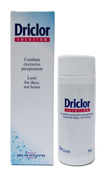 A 75ml bottle of Stiefels Driclor Roll On is shown beside its blue and white packaging with water droplet imagery. It effectively addresses hyperhidrosis, offering long-lasting results for excessive sweating.