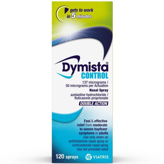 Dymista Control Spray (120 sprays) by Dymista provides rapid hayfever relief with a double action formula. The mostly white box, accented with blue and yellow, contains 120 sprays.