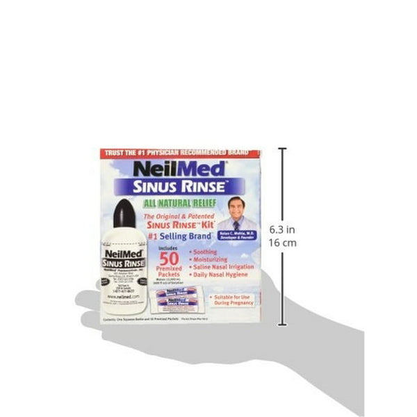 Image of a hand holding a NeilMed Sinus Rinse (50 Sachets) box featuring its bottle and premixed packets. It offers drug-free relief with soothing, moisturizing all-natural benefits, promoting daily nasal hygiene via effective irrigation. Box height: 6.3 inches (16 cm).