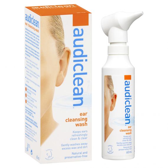 The 60ml Audiclean Ear Cleanser Sea Serum, featuring a spray nozzle and white/orange design, is ideal for ear hygiene. The packaging highlights an ear, emphasizing its benefits in wax removal and effective cleaning.