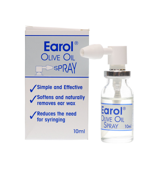 The Earol Olive Oil Spray (10ml) product image highlights its dedication to ear hygiene, with packaging showcasing benefits like Simple and Effective, Softens and naturally removes ear wax, and Reduces the need for syringing, while the bottle includes a convenient spray nozzle.