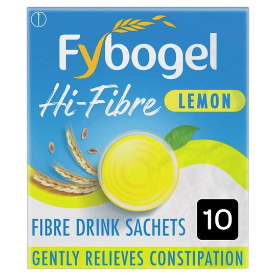 Fybogel Hi-Fibre Drink For Constipation - Lemon (10 Sachets) features wheat graphics and a lemon slice on its packaging, highlighting it as a gluten-free product that gently relieves constipation.