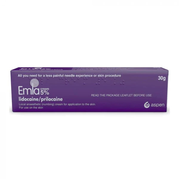 A purple box of Emla Cream (30g) by Aspen Pharmacare contains a topical anesthetic with 5% lidocaine and prilocaine for skin use. It advises reading the package leaflet before application.