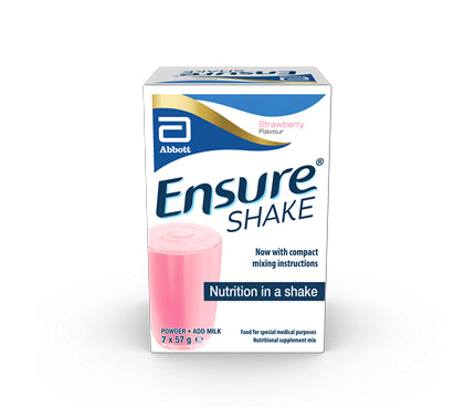 Ensure Shake Sachets - Strawberry (Pack of 7) features an alluring pink shake image, promoting Nutrition in a shake. It includes easy mixing instructions and is ideal for addressing disease-related malnutrition, with each sachet weighing 57g.