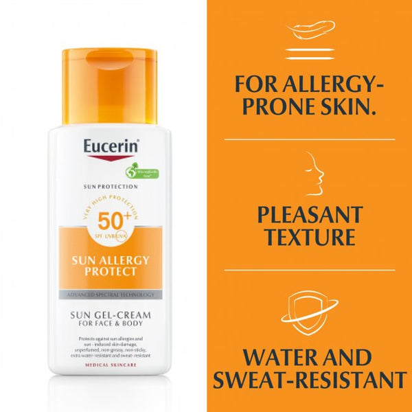 On the left, theres a 150ml bottle of Eucerin Sun Allergy Protect Gel Cream SPF50. On the right, text highlights: For Allergy-Prone Skin, Pleasant Texture, and Water and Sweat-Resistant with icons, emphasizing its SPF50 UVB + UVA protection.