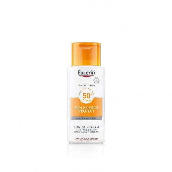 The Eucerin Sun Allergy Protect Gel Cream SPF50 (150ml) provides broad UVB + UVA protection, suitable for face and body. The packaging is white with orange accents.